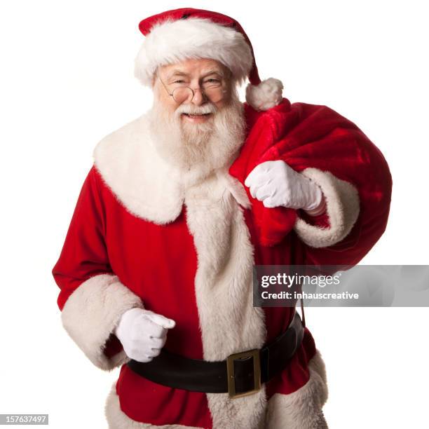 imágenes reales de santa claus con bolsa de regalos tiene - santa claus fotografías e imágenes de stock