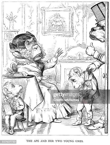 aesop's fables - the ape and her two young ones - 19th century british policeman stock illustrations