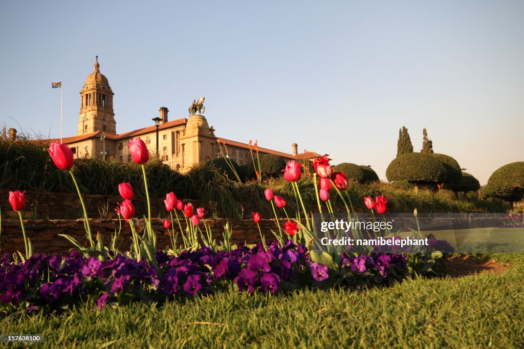 Enormous Union building secluded in field with tulips