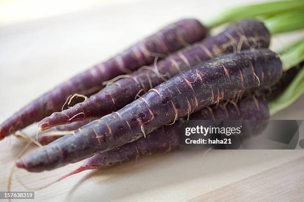 an image of four purple nutritious carrots - carrot stock pictures, royalty-free photos & images