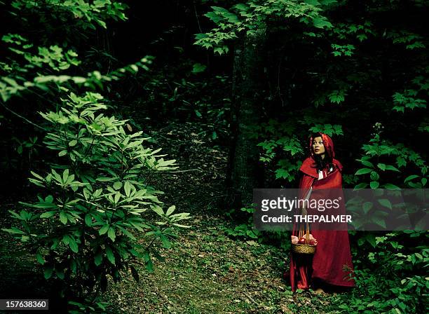 little red riding hood perdidos nas floresta - chapeuzinho vermelho criatura mítica - fotografias e filmes do acervo
