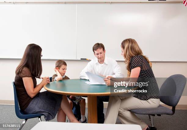 parent teacher conference including special needs student - teacher meeting stock pictures, royalty-free photos & images