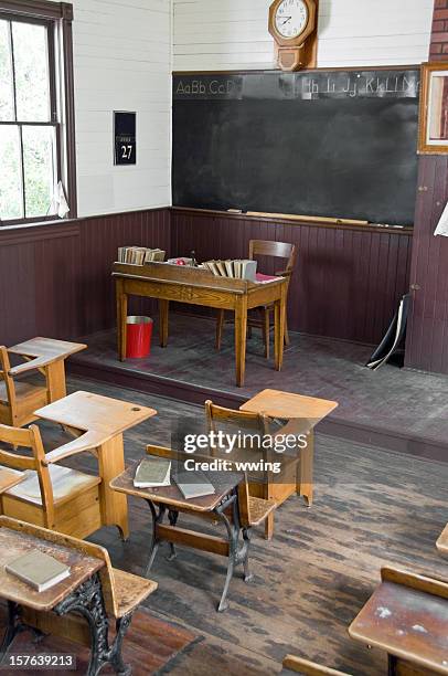 old classroom with empty chairs and tables - school bell stock pictures, royalty-free photos & images