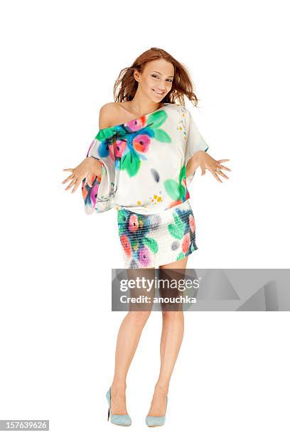 beautiful young woman in sundress portrait - hawaiian print dress stock pictures, royalty-free photos & images