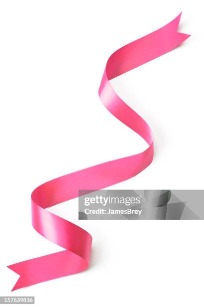 pink curly ribbon, fancy ends, on pure white background - breast cancer awareness ribbon stock pictures, royalty-free photos & images
