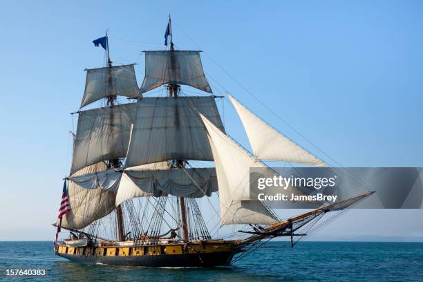 maritime adventure; majestic tall ship at sea - brigantine stock pictures, royalty-free photos & images