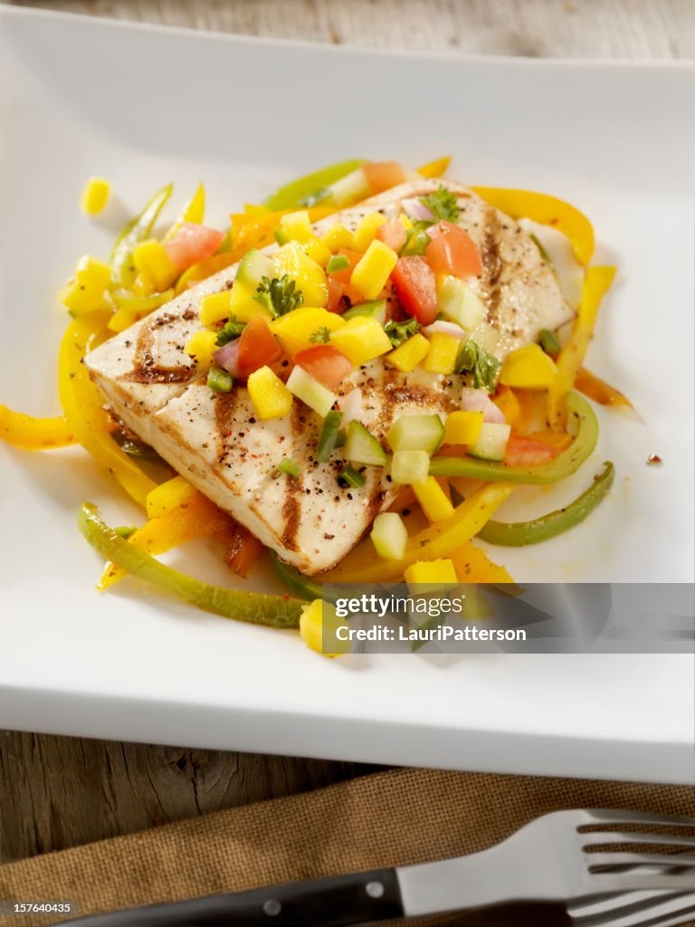 Grilled Halibut with Mango Salsa and Roasted Peppers