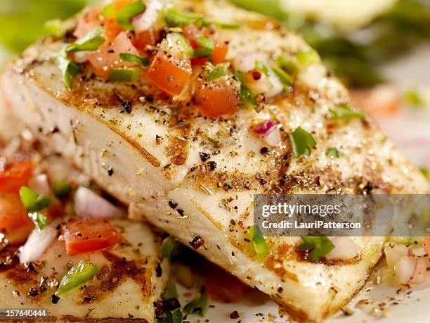 grilled halibut with salsa and roasted asparagus - halibut stock pictures, royalty-free photos & images