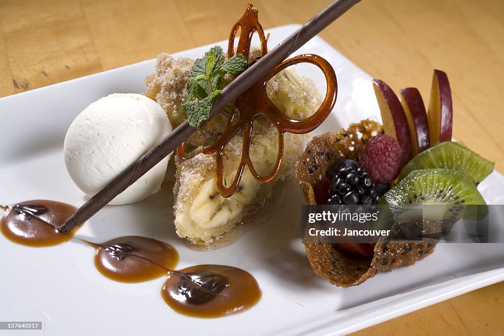 Banana dessert with fruit and chocolate