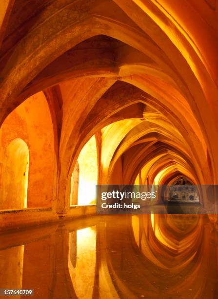 queens baths alcazar interior, seville spain - koninklijk paleis van sevilla stockfoto's en -beelden