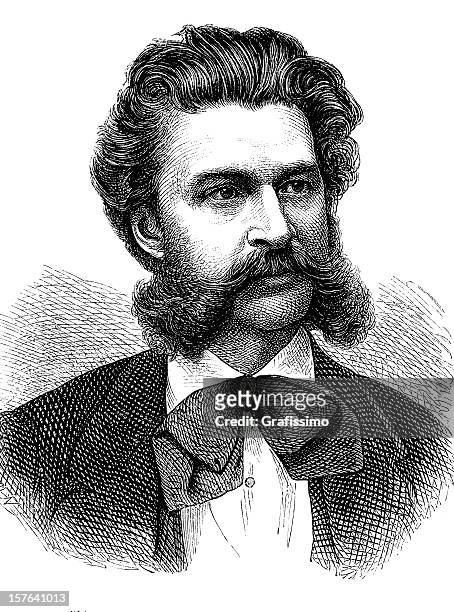 engraving of austrian composer johann strauss from 1870 - celebrities portrait stock illustrations
