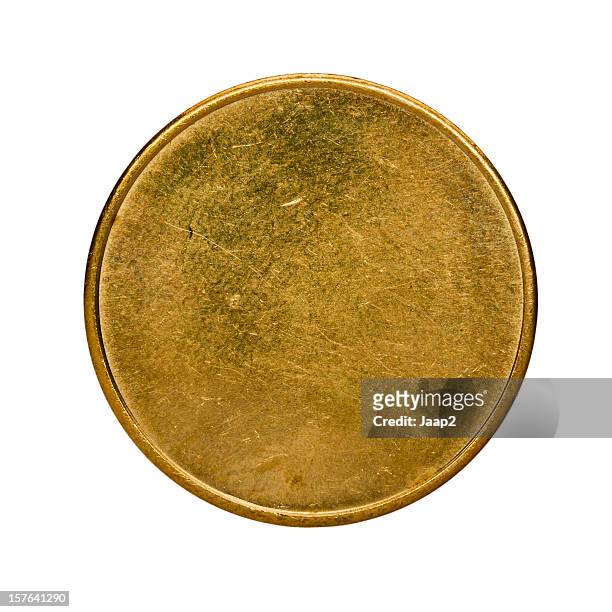 single used blank brass coin, top view isolated on white - coin stock pictures, royalty-free photos & images