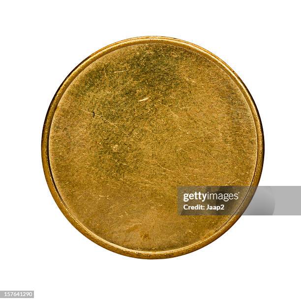 single used blank brass coin, top view isolated on white - metal bildbanksfoton och bilder