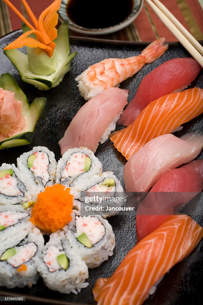 Close-up of sushi in California rolls
