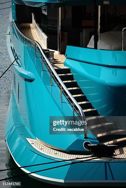 aft deck of large blue yacht - alpes maritimes stock pictures, royalty-free photos & images