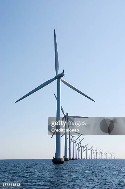 curve of wind turbines at the ocean, vertical - oresund region stock pictures, royalty-free photos & images