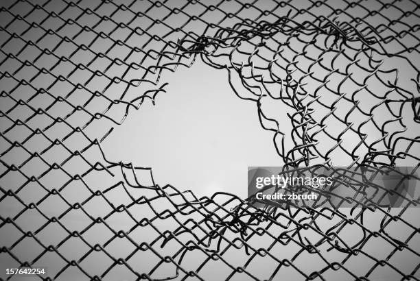 section of wire mesh with a hole in the middle - fence stockfoto's en -beelden