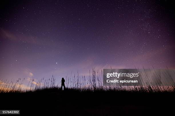 solitary figure admiring the sky on a clear starry night - dusk stars stock pictures, royalty-free photos & images