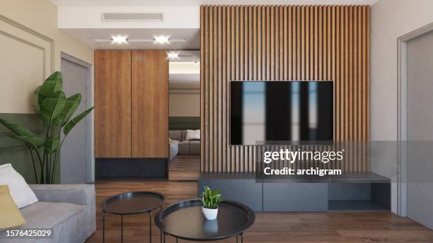 computergeneriertes bild des hotelzimmers. architektonische visualisierung. 3d-rendering. - deckenverkleidung holz stock-fotos und bilder