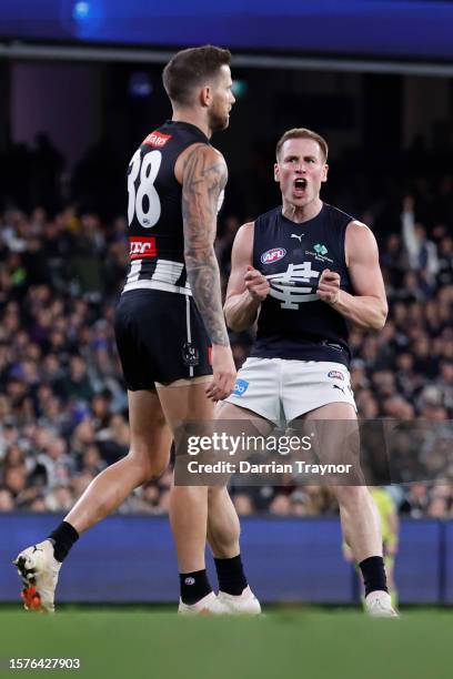 Matthew Owies of the Blues celebrates a goal during the round 20 AFL match between Collingwood Magpies and Carlton Blues at Melbourne Cricket Ground,...