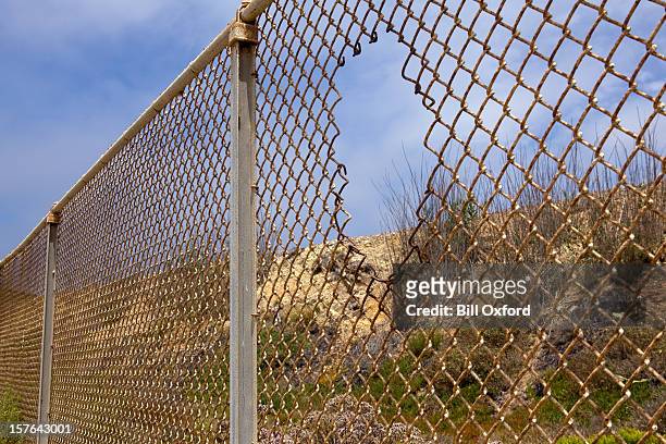 fence with hole - 邊界 人造建築 個照片及圖片檔