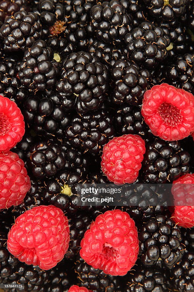 Fresh raspberries (rubus idaeus) and blackberries full frame