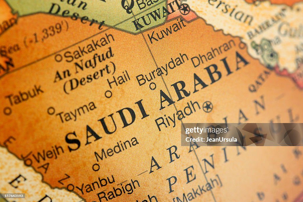 Close-up picture of a map of Saudi Arabia