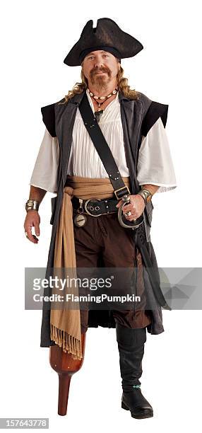 pirate with a wooden pegleg. isolated on white. - stage costume stock pictures, royalty-free photos & images