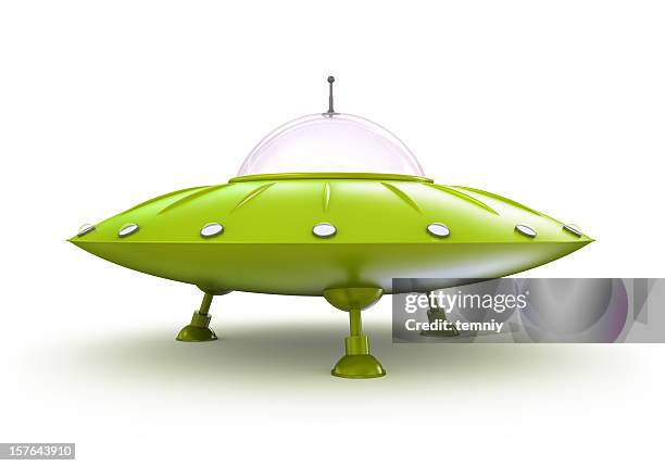 green, 3-d alien domed spaceship on a white background - ufo saucer stock pictures, royalty-free photos & images