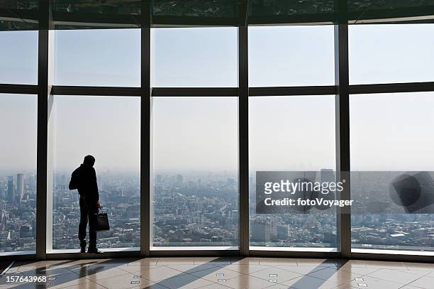 ビジネスマンがブリーフケースを見渡す大きな窓��から街の日本 - 六本木ヒルズ ストックフォトと画像