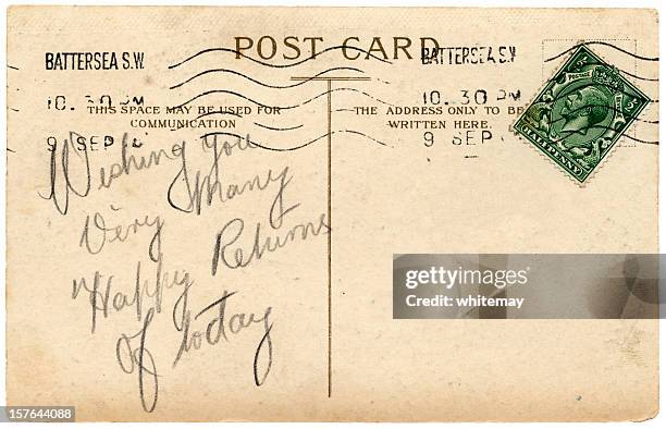 british birthday greetings postcard, reign of george v - handwriting texture stock pictures, royalty-free photos & images