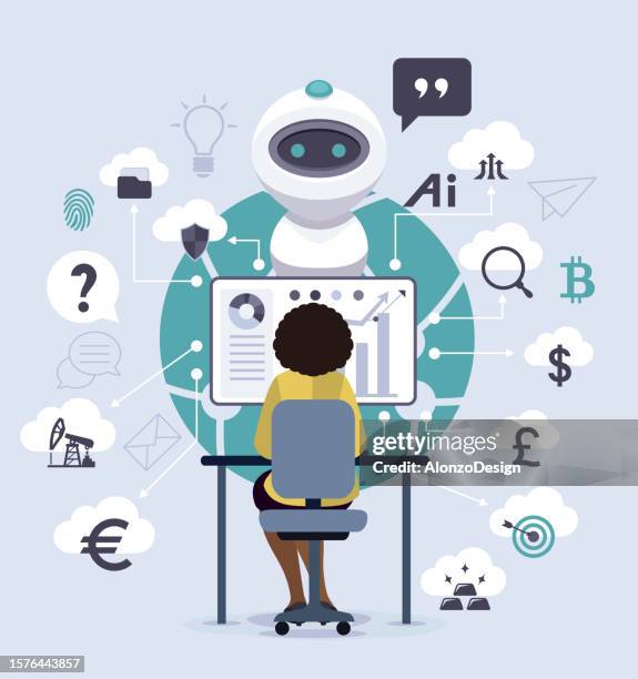 new business concept. technology and finance trends. african american businesswoman. robot with character analyzing infographic. artificial intelligence. - banking chatbot stock illustrations