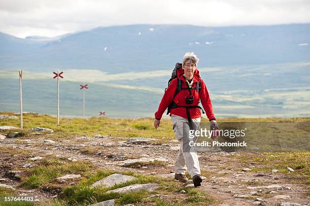 relaxed female hiker with backpack - jamtland stock pictures, royalty-free photos & images