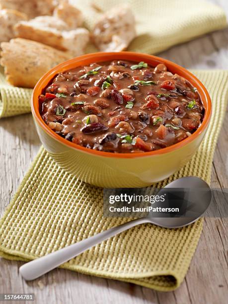 three bean soup with crusty bread - black beans stock pictures, royalty-free photos & images