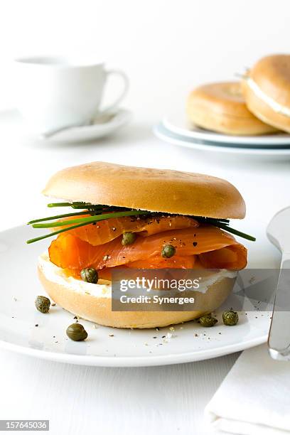 smoked salmon bagel - smoked salmon stock pictures, royalty-free photos & images