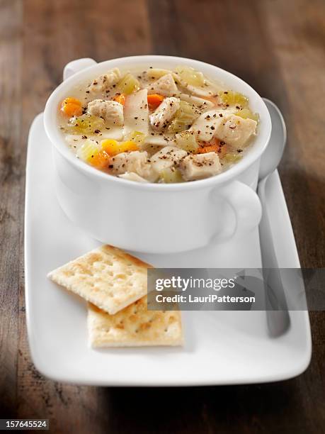 rueda sopa de pollo con fideos con galletas de soda - sopa de pollo con fideos fotografías e imágenes de stock