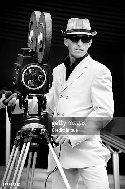 retro camera reporter portrait - television camera stock pictures, royalty-free photos & images