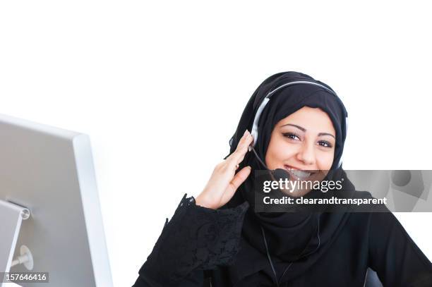 happy arabic customer service girl - bahrain business stock pictures, royalty-free photos & images