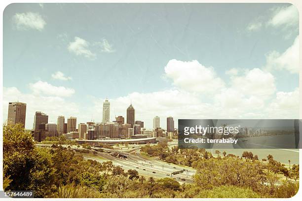 greetings from perth retro vintage postcard - perth skyline stock pictures, royalty-free photos & images
