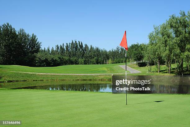 parcours de golf vert avec drapeau rouge-xl - business pitch photos et images de collection