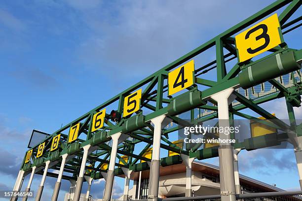 starting gate that has number in yellow boards - close up gate stockfoto's en -beelden