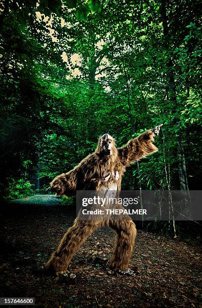 bigfoot making a disco dancing step on the road - disco costume stockfoto's en -beelden