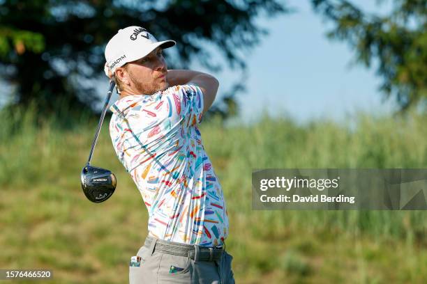 Chris Stroud of the United States plays his shot from the 12th tee during the second round of the 3M Open at TPC Twin Cities on July 28, 2023 in...