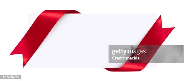 blank card with red ribbon on a white background - satin ribbon stock pictures, royalty-free photos & images