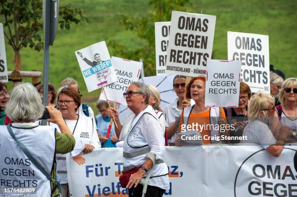 Omad Gegen Rechts protest against the AfD outside the conference centre during the 2023 Federal Congress of the right-wing Alternative for Germany...