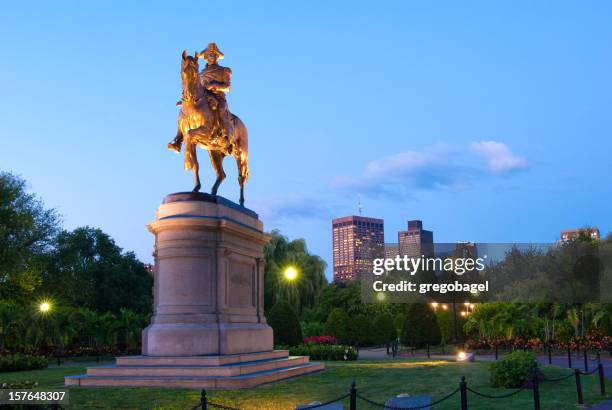 statue of george washington in the public garden at night - boston common stock pictures, royalty-free photos & images