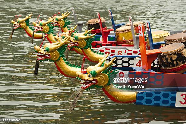 six dragon boats with different numbers - chinese dragon stock pictures, royalty-free photos & images