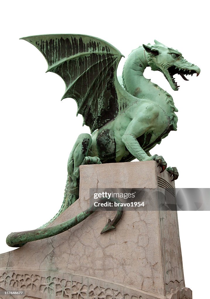 Dragon gargoyle standing over a gray structure in Ljubljana
