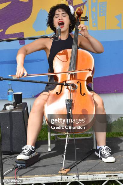 Ana Carla Maza performs backstage for Radio Womad during Day 2 of the Womad Festival at Charlton Park on July 28, 2023 in Malmesbury, England.