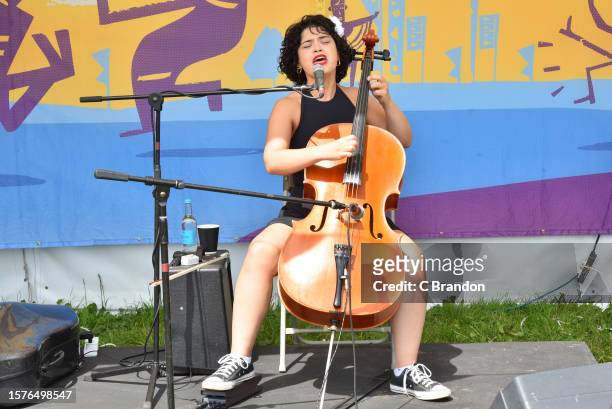 Ana Carla Maza performs backstage for Radio Womad during Day 2 of the Womad Festival at Charlton Park on July 28, 2023 in Malmesbury, England.